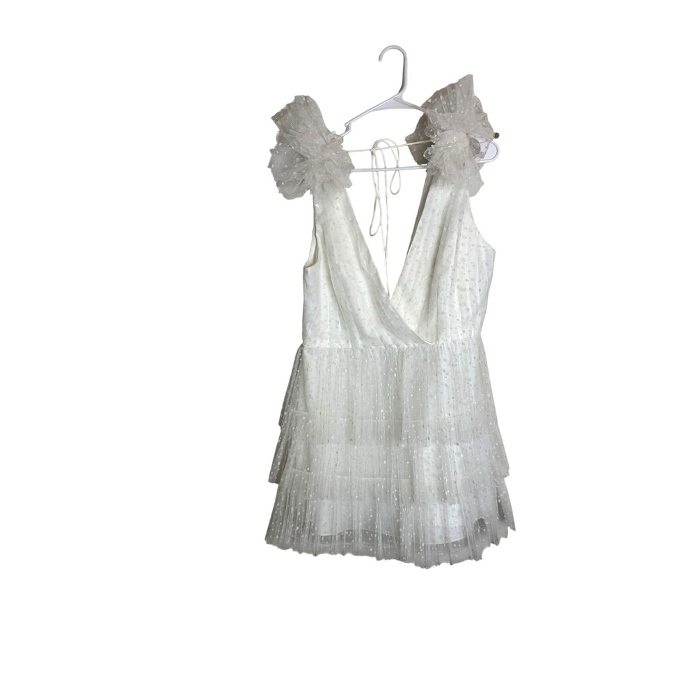 ML Monique Lhuillier Dress Womens 14 White‎ Tulle Polka Dot Tiered Mini Party